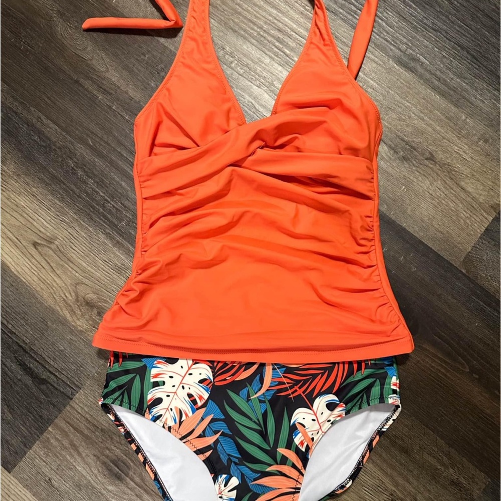 Orange Halter Tankini with Tropical Print Bottoms